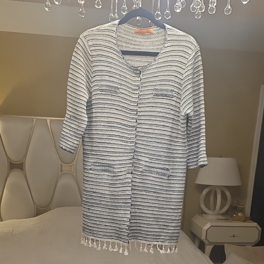 Vilagallo Cotton and Wool White and Navy Striped Long Cardigan with Fringe
